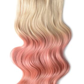 Clip on 100% remy lasni podaljški - ombre, podvojena gostota, ravne, svetlo blond-pink #T60/pink