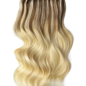 Clip on 100% remy lasni podaljški - ombre, podvojena gostota, ravne, pramenasto svetlo rjave-svetlo sončno blond #TP6/613